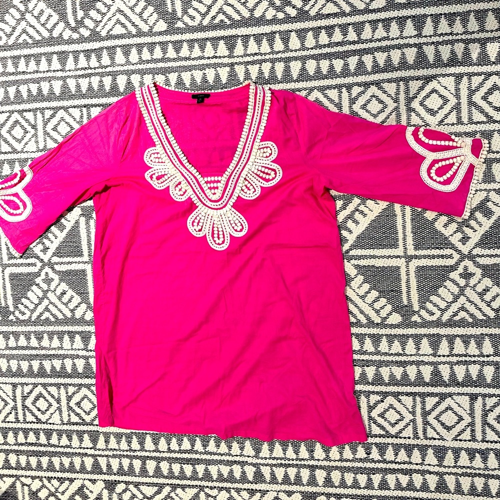 J. Crew Fuchsia Tunic with White Embroidery